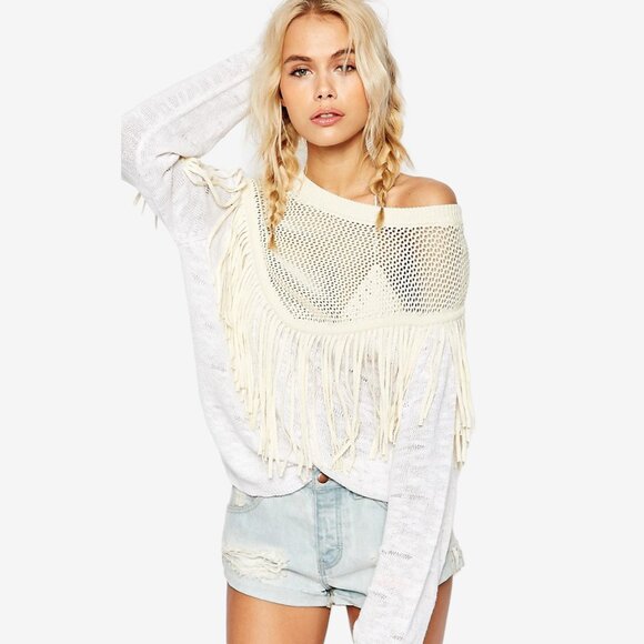 Wildfox Tawny Lucky Charm Sweater Small White Cream Fringe Western Coastal - Picture 3 of 4